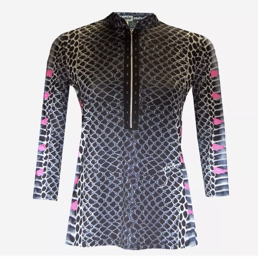 JAMIE SADOCK Serpent Snake Print Quarter Zip Top Shirt Black Pink Size Small